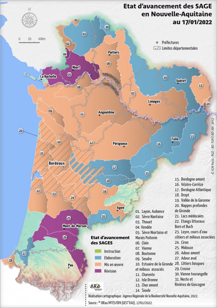 Etat d'avancement des SAGE de la région Nouvelle-Aquitaine en janvier 2022