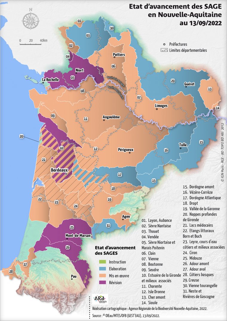 Etat d'avancement des SAGE de la région Nouvelle-Aquitaine en septembre 2022