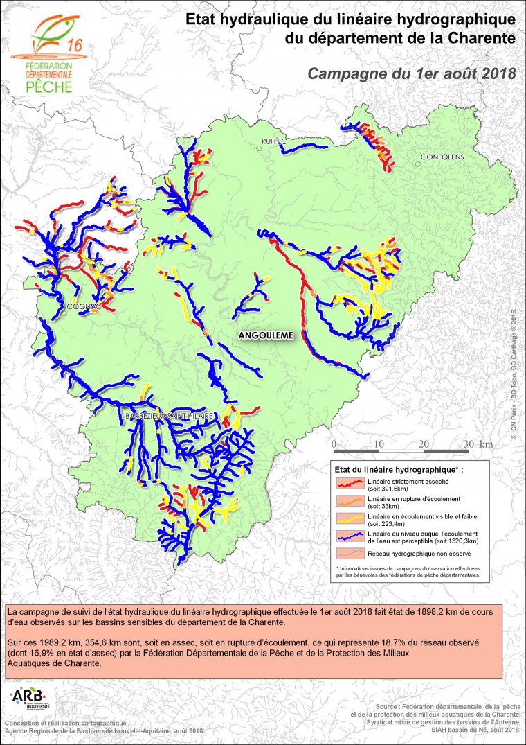 Etat hydraulique du linéaire hydrographique du département de la Charente - Campagne du 1er août 2018