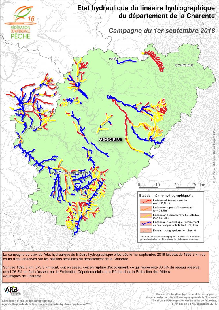 Etat hydraulique du linéaire hydrographique du département de la Charente - Campagne du 1er septembre 2018