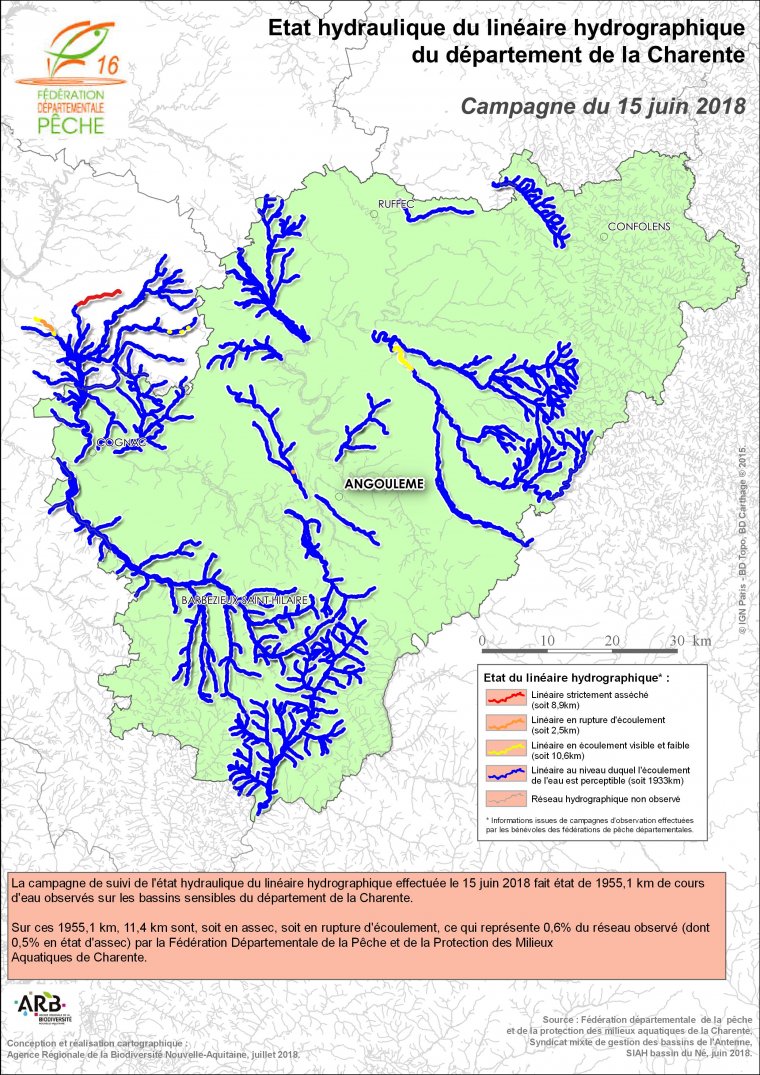 Etat hydraulique du linéaire hydrographique du département de la Charente - Campagne du 15 juin 2018