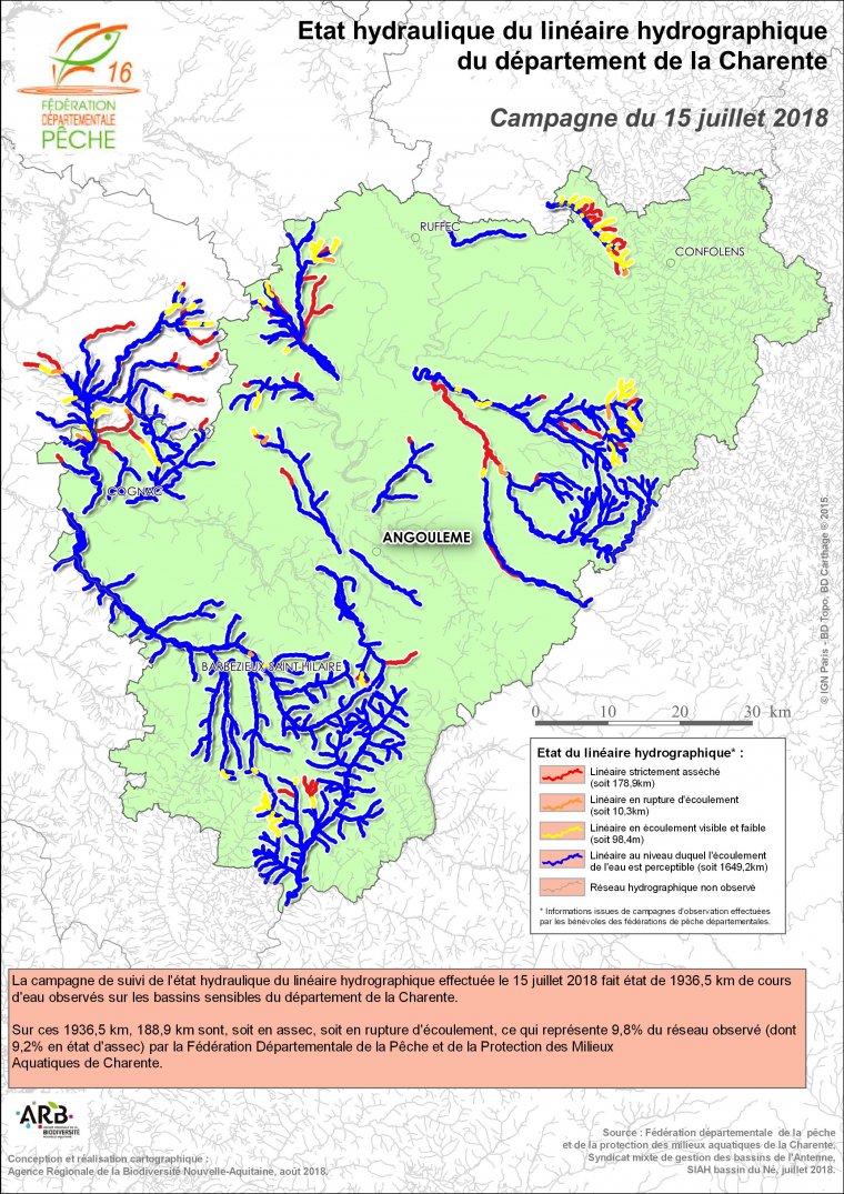Etat hydraulique du linéaire hydrographique du département de la Charente - Campagne du 15 juillet 2018