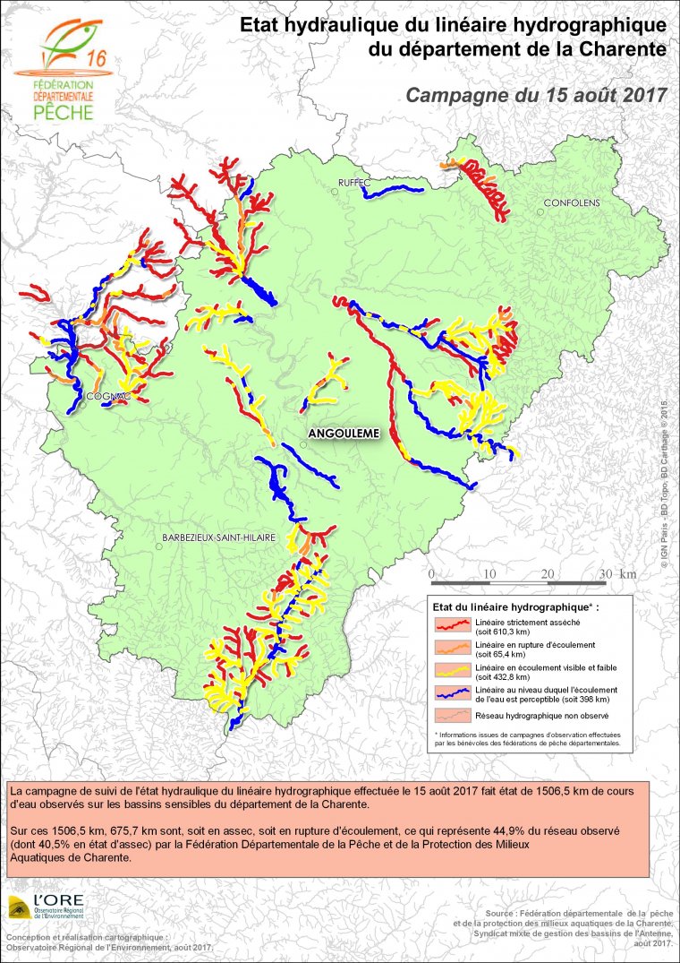 Etat hydraulique du linéaire hydrographique du département de la Charente - Campagne du 15 août 2017