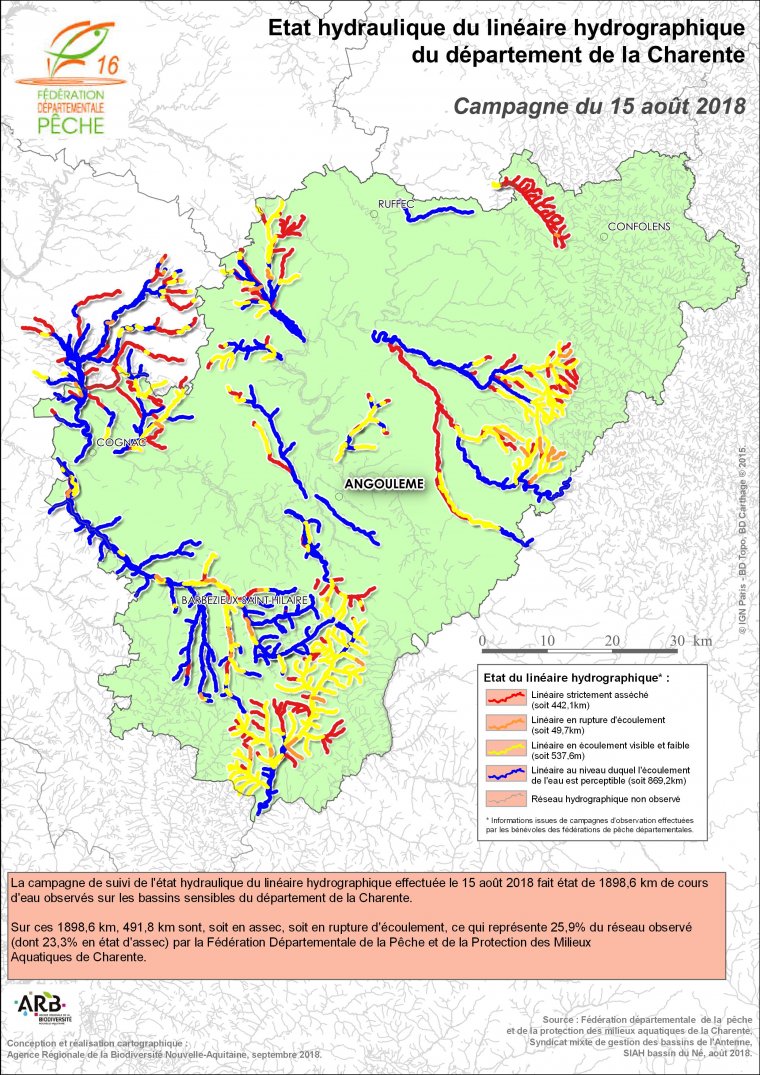 Etat hydraulique du linéaire hydrographique du département de la Charente - Campagne du 15 août 2018