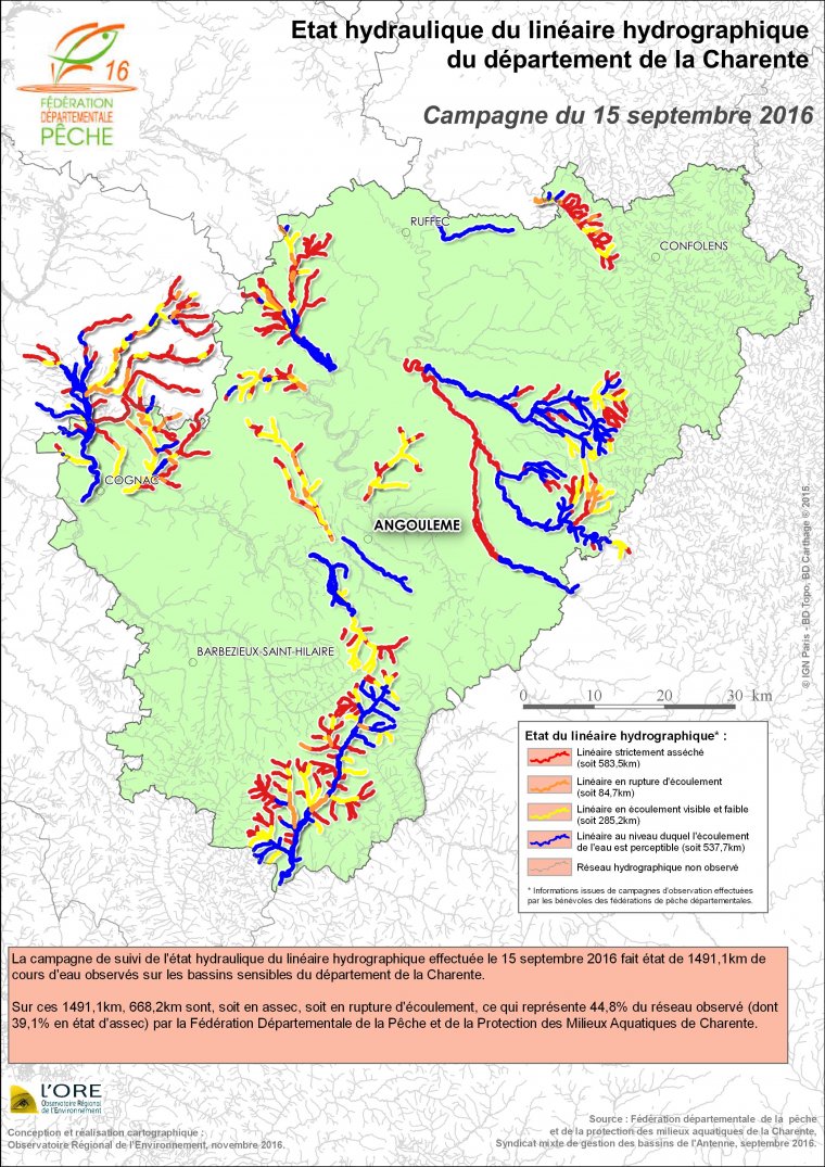 Etat hydraulique du linéaire hydrographique du département de la Charente - Campagne du 15 septembre 2016