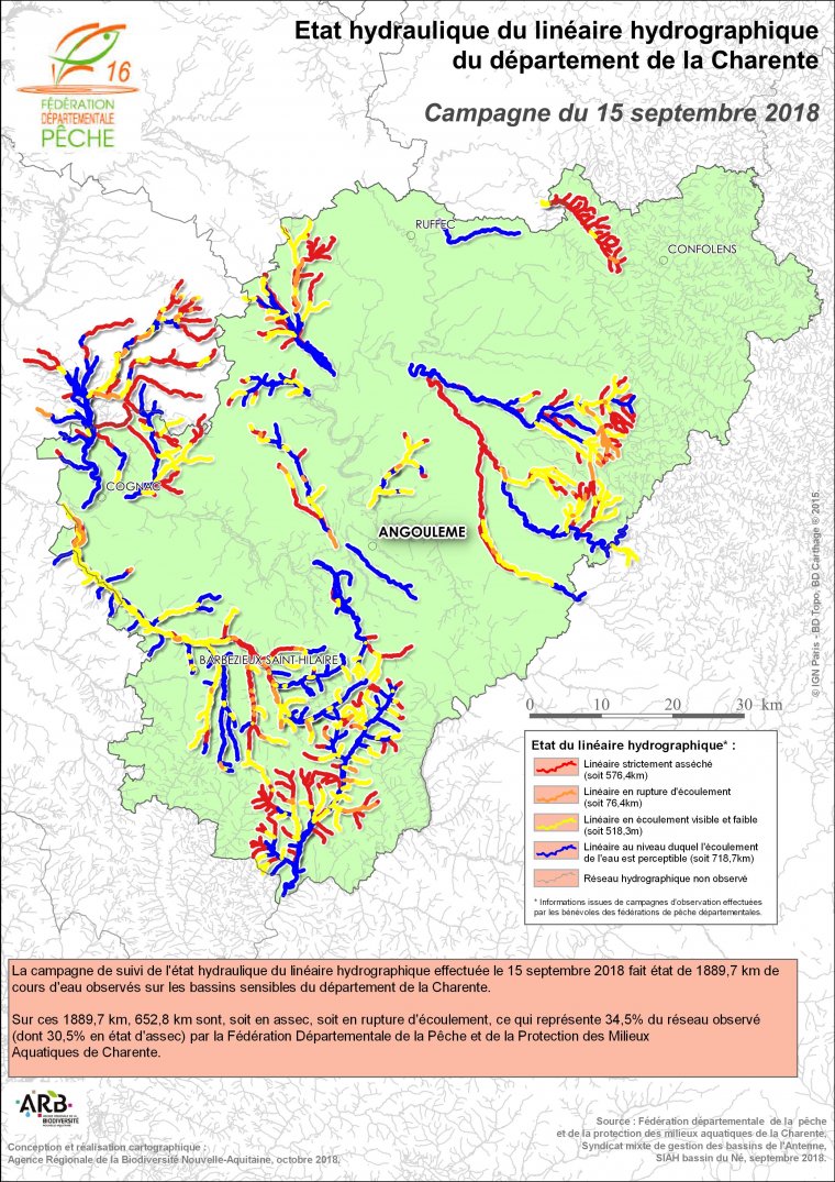 Etat hydraulique du linéaire hydrographique du département de la Charente - Campagne du 15 septembre 2018