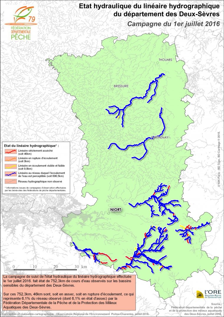 Etat hydraulique du linéaire hydrographique du département des Deux-Sèvres - Campagne du 1er juillet 2016