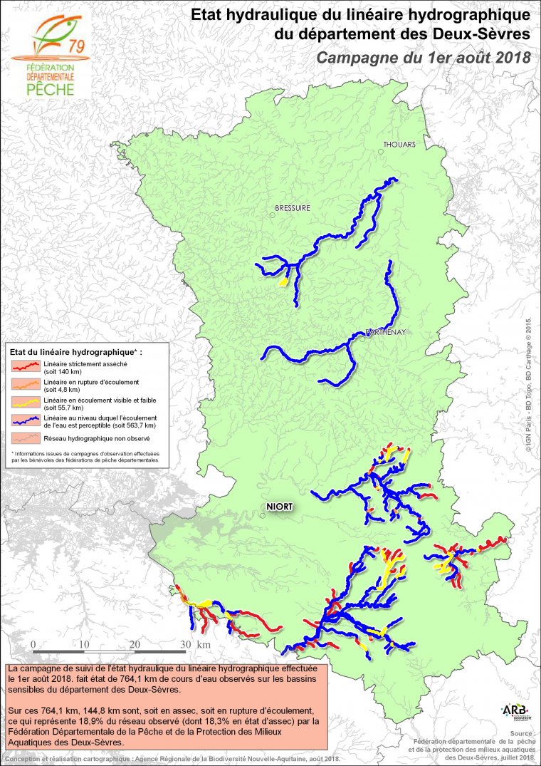 Etat hydraulique du linéaire hydrographique du département des Deux-Sèvres - Campagne du 1er août 2018