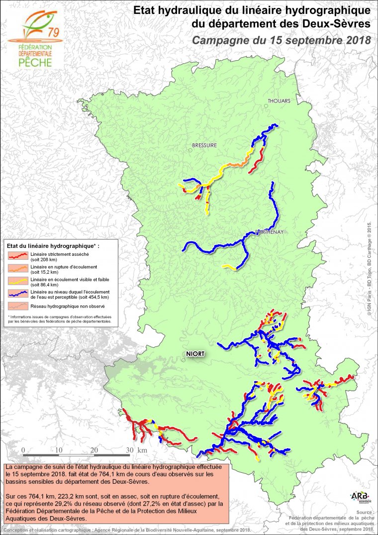 Etat hydraulique du linéaire hydrographique du adépartement des Deux-Sèvres - Campagne du 15 septembre 2018