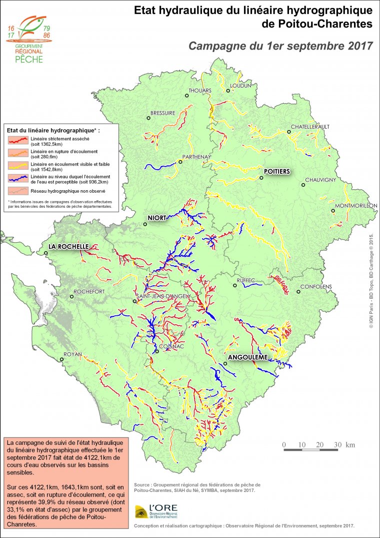 Etat hydraulique du linéaire hydrographique du Poitou-Charentes - Campagne du 1er septembre 2017