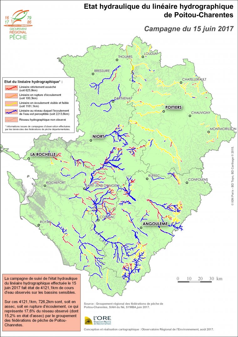 Etat hydraulique du linéaire hydrographique du Poitou-Charentes - Campagne du 15 juin 2017