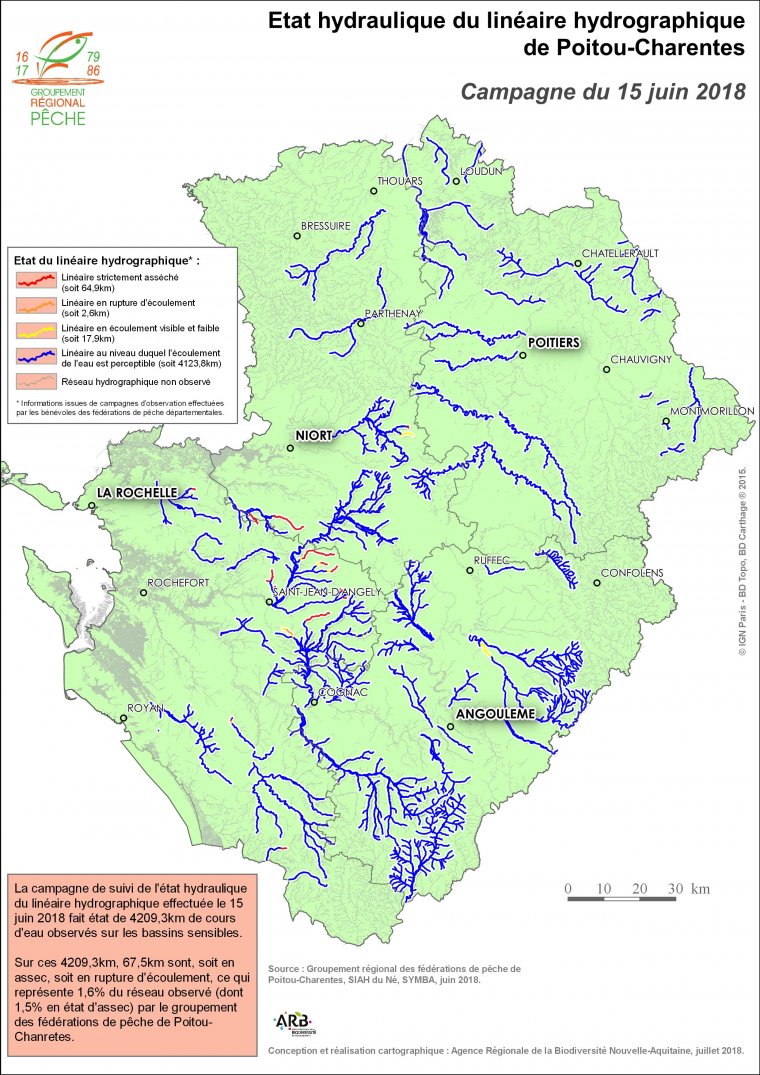 Etat hydraulique du linéaire hydrographique du Poitou-Charentes - Campagne du 15 juin 2018