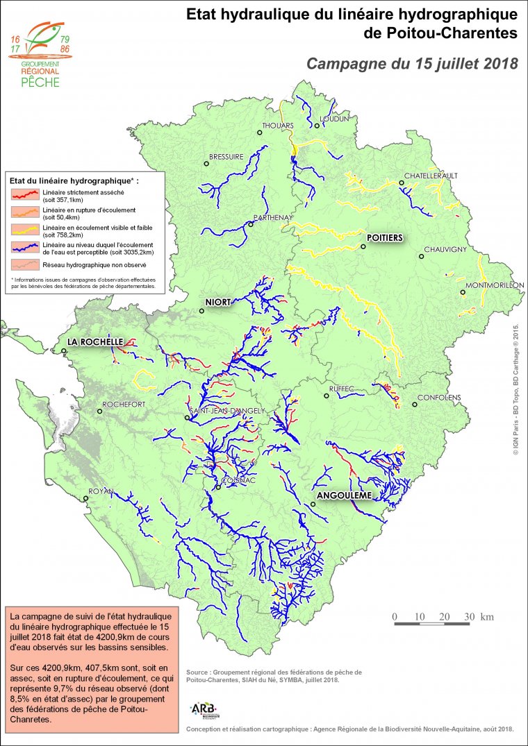Etat hydraulique du linéaire hydrographique du Poitou-Charentes - Campagne du 15 juillet 2018