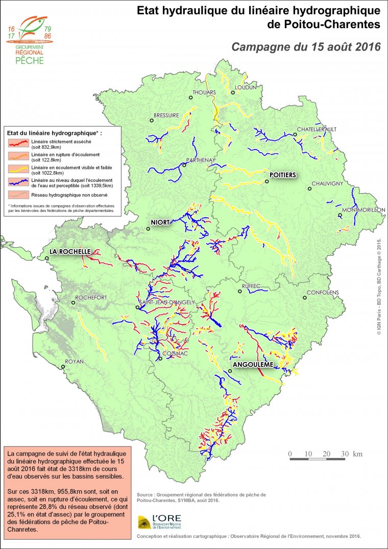 Etat hydraulique du linéaire hydrographique en Poitou-Charentes - Campagne du 15 août 2016