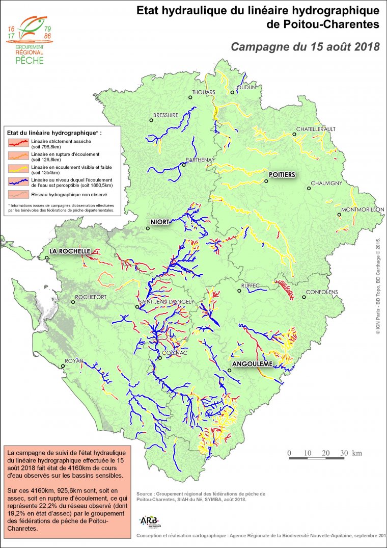 Etat hydraulique du linéaire hydrographique du Poitou-Charentes - Campagne du 15 août 2018