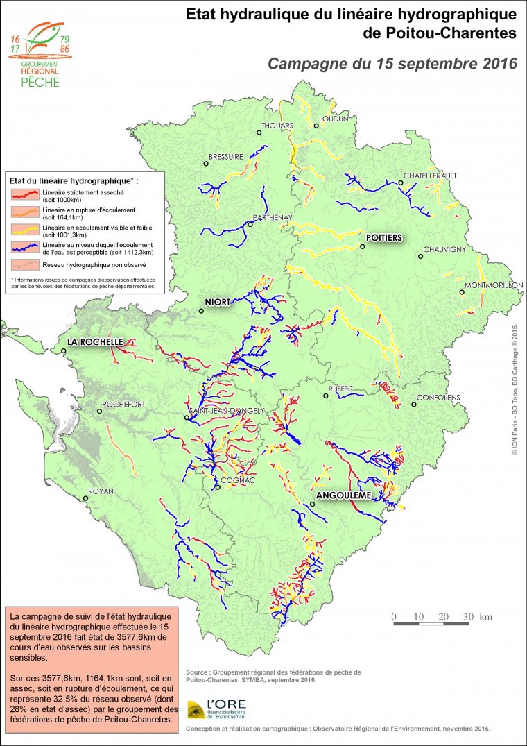 Etat hydraulique du linéaire hydrographique en Poitou-Charentes - Campagne du 15 septembre 2016