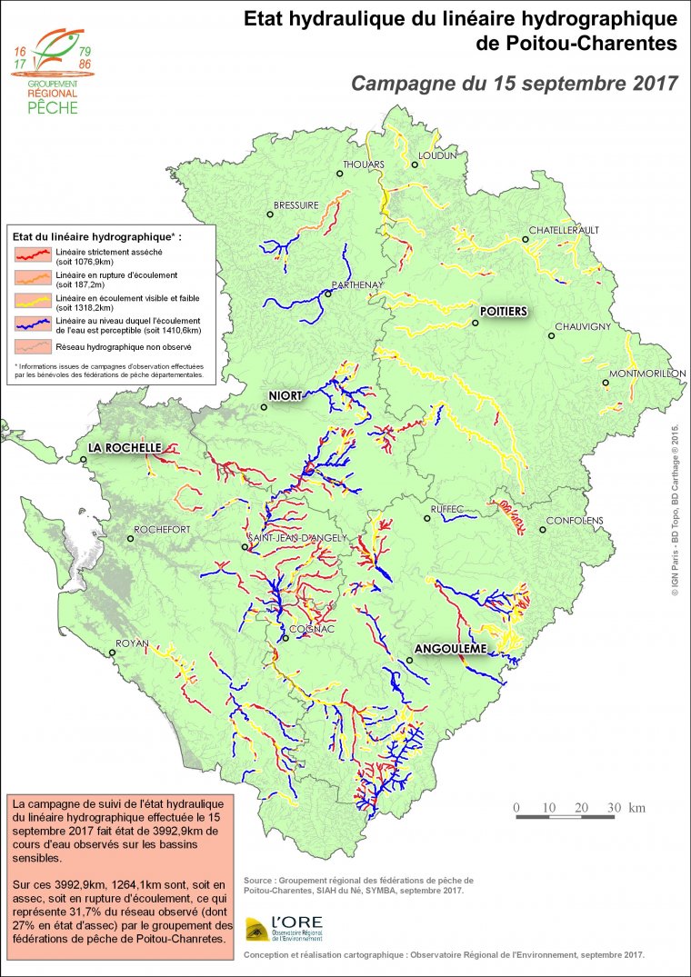 Etat hydraulique du linéaire hydrographique du Poitou-Charentes - Campagne du 15 septembre 2017