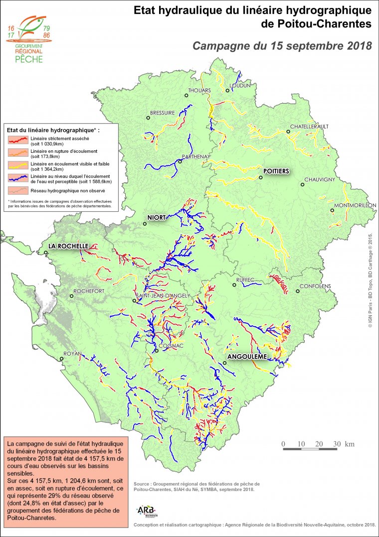 Etat hydraulique du linéaire hydrographique du Poitou-Charentes - Campagne du 15 septembre 2018