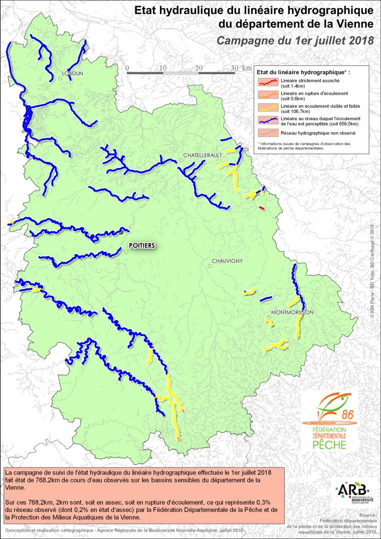 Etat hydraulique du linéaire hydrographique du département de la Vienne - Campagne du 1er juillet 2018