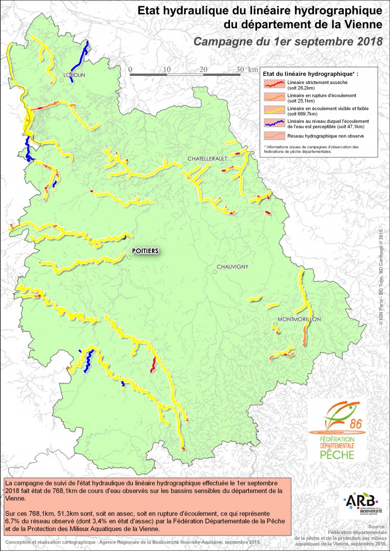 Etat hydraulique du linéaire hydrographique du département de la Vienne - Campagne du 1er septembre 2018. Données issues des observations de la Fédération de Pêche de la Vienne.
