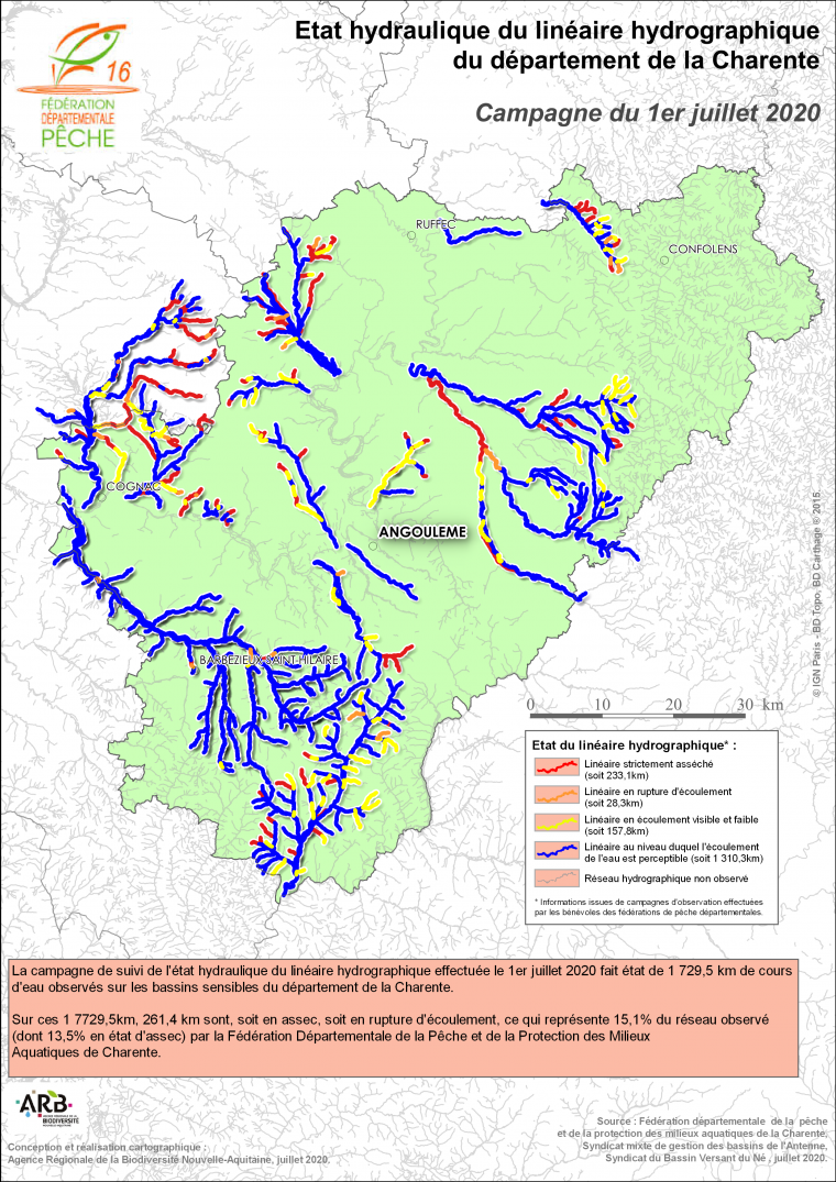 Etat hydraulique du linéaire hydrographique du département de la Charente - Campagne du 1er juillet 2020