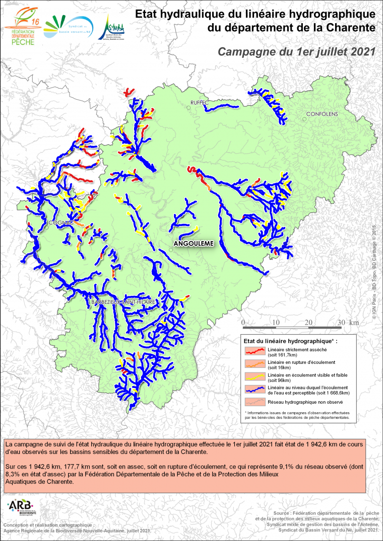 Etat hydraulique du linéaire hydrographique du département de la Charente - Campagne du 1er juillet 2021