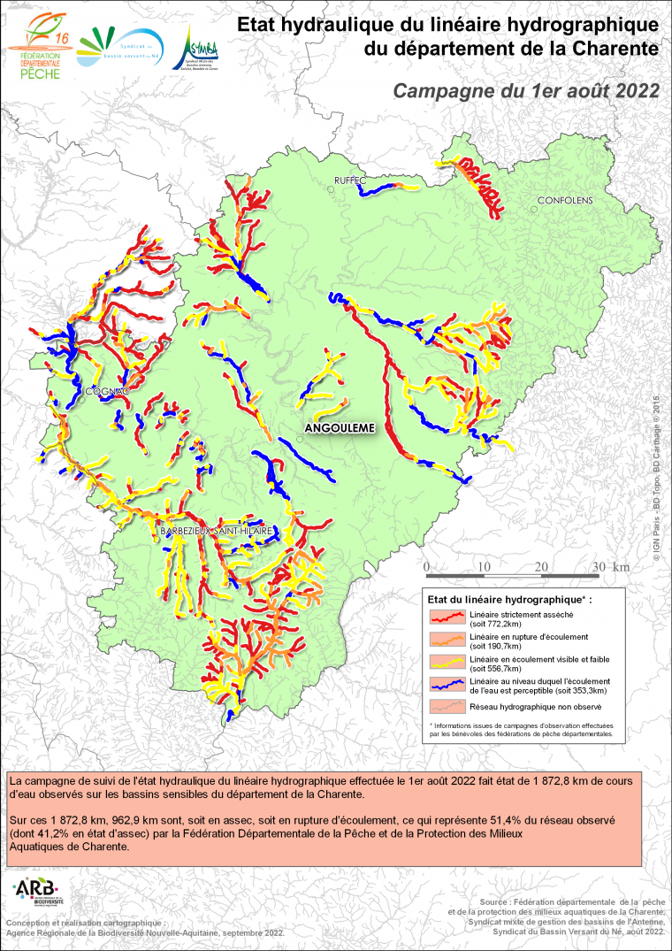 Etat hydraulique du linéaire hydrographique du département de la Charente - Campagne du 1er août 2022