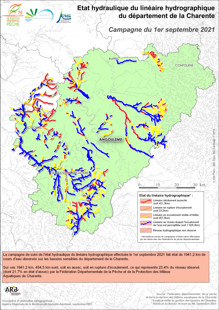 Etat hydraulique du linéaire hydrographique du département de la Charente - Campagne du 1er septembre 2021