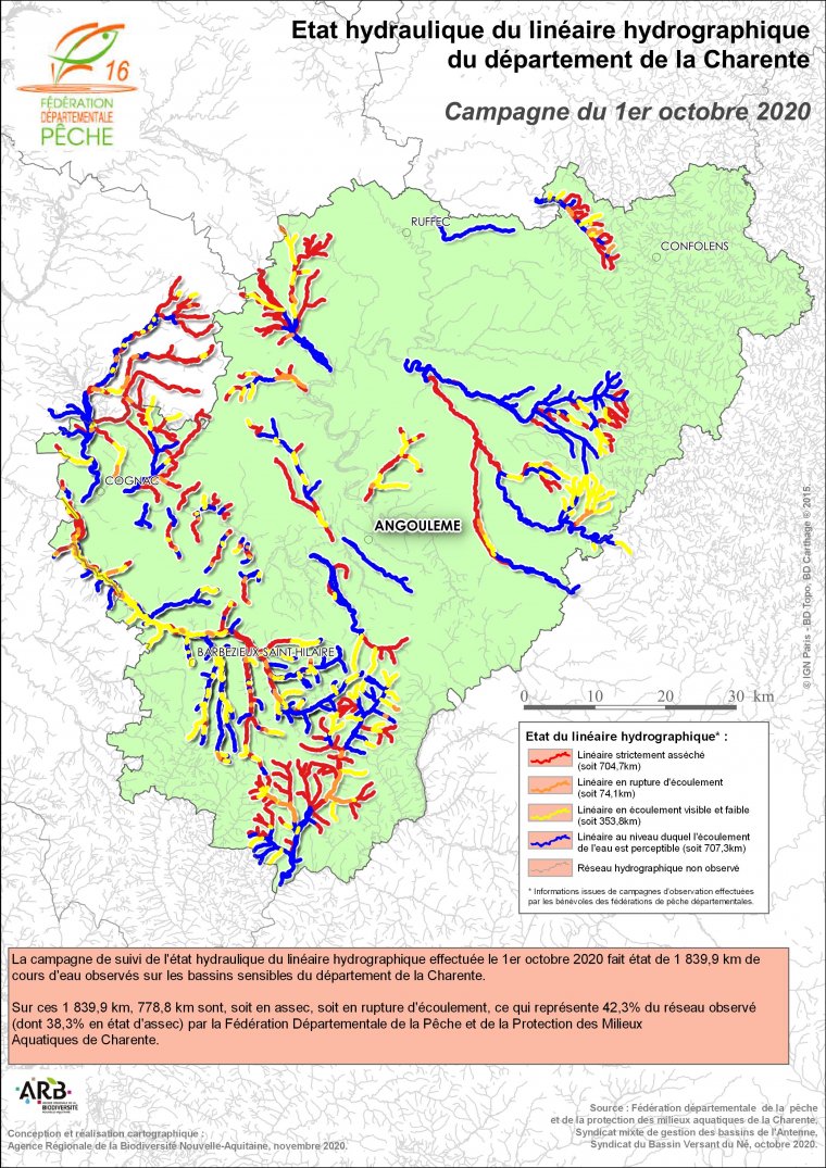 Etat hydraulique du linéaire hydrographique du département de la Charente - Campagne du 1er octobre 2020