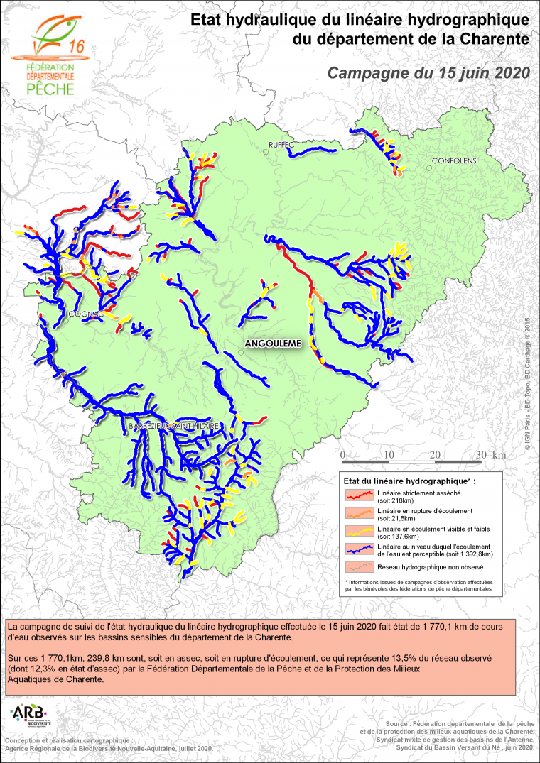 Etat hydraulique du linéaire hydrographique du département de la Charente - Campagne du 15 juin 2020