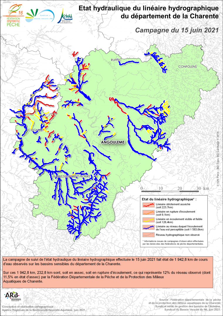 Etat hydraulique du linéaire hydrographique du département de la Charente - Campagne du 15 juin 2021