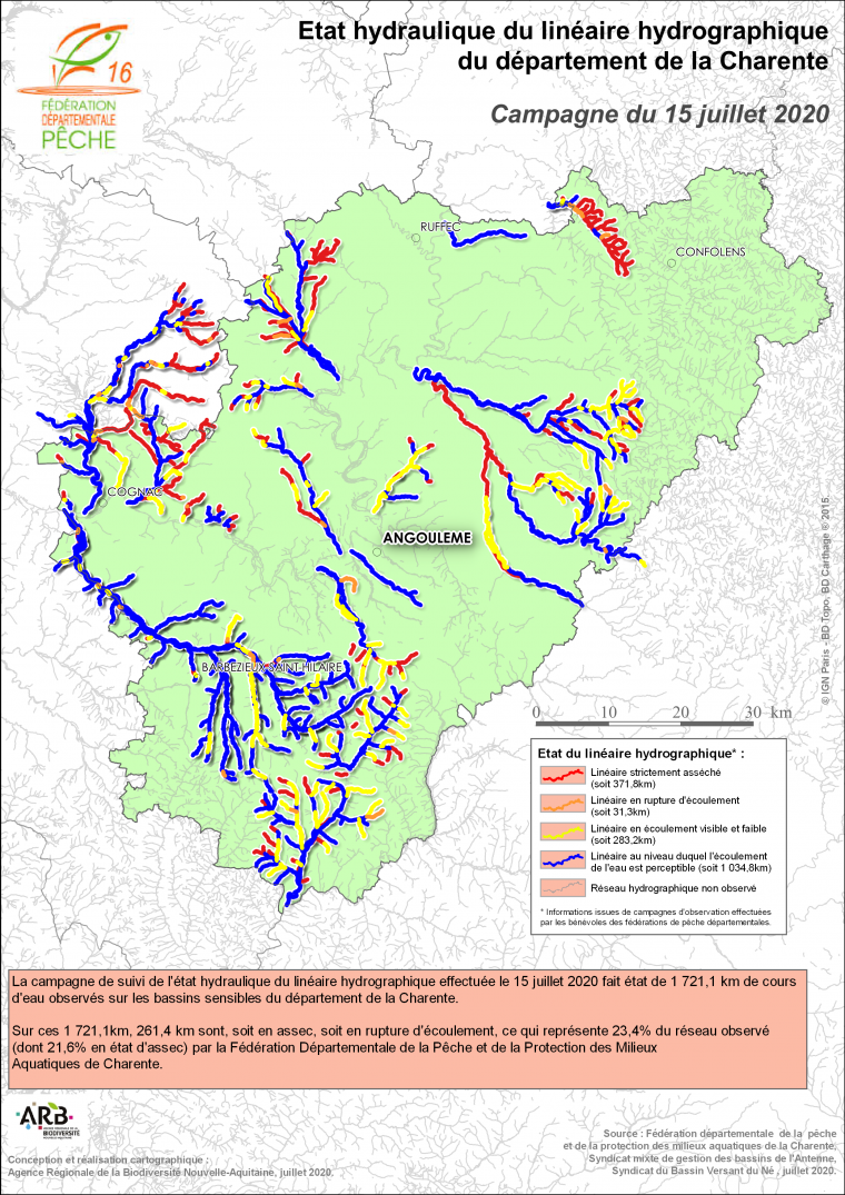 Etat hydraulique du linéaire hydrographique du département de la Charente - Campagne du 15 juillet 2020