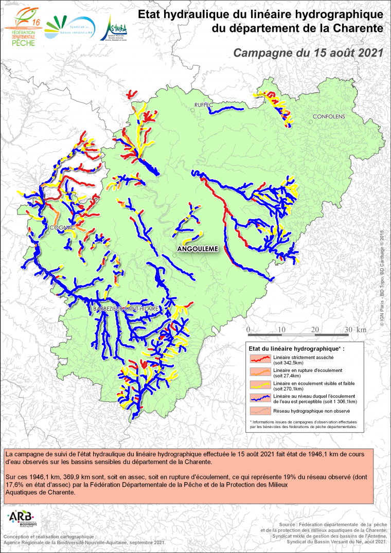 Etat hydraulique du linéaire hydrographique du département de la Charente - Campagne du 15 août 2021