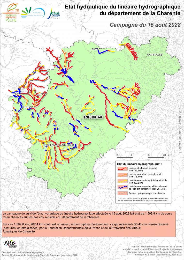 Etat hydraulique du linéaire hydrographique du département de la Charente - Campagne du 15 août 2022