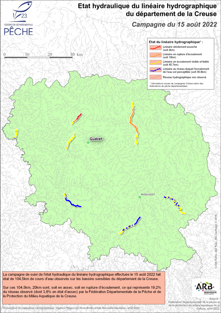 Etat hydraulique du linéaire hydrographique du département de la Creuse - Campagne du 15 août 2022