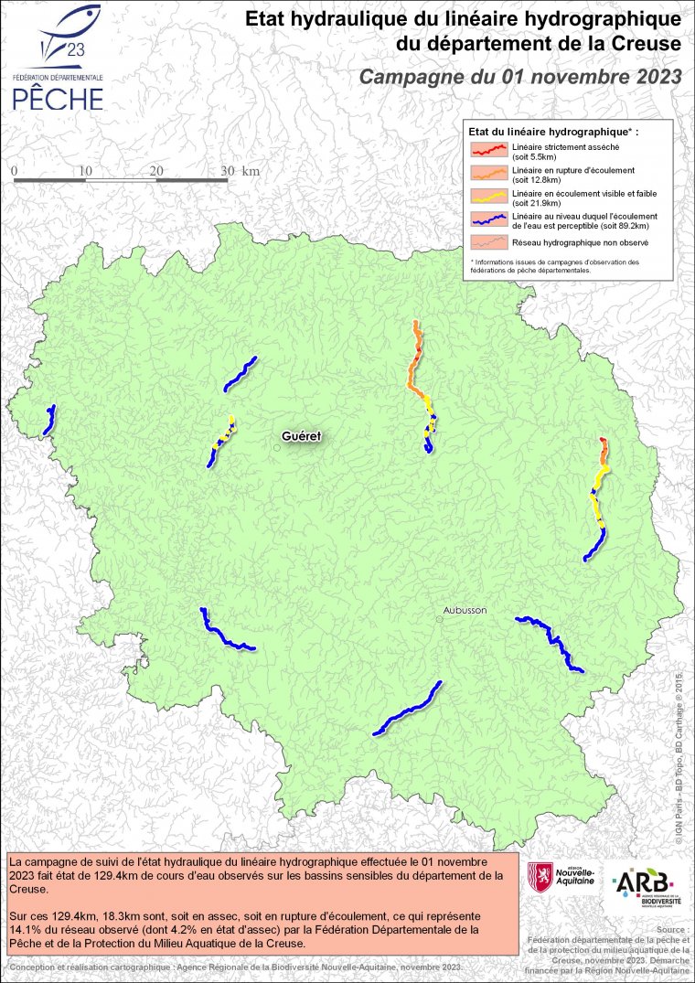 Etat hydraulique du linéaire hydrographique du département de la Creuse - Campagne du 1er novembre 2023