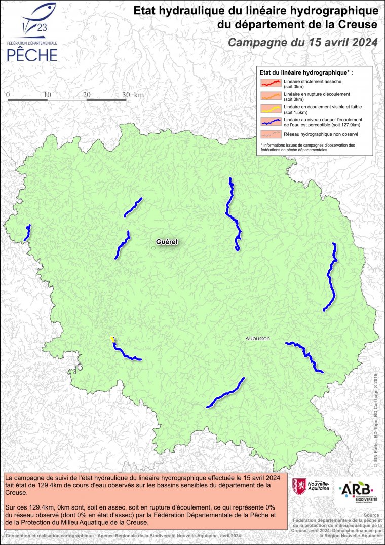 Etat hydraulique du linéaire hydrographique du département de la Creuse - Campagne du 15 avril 2024