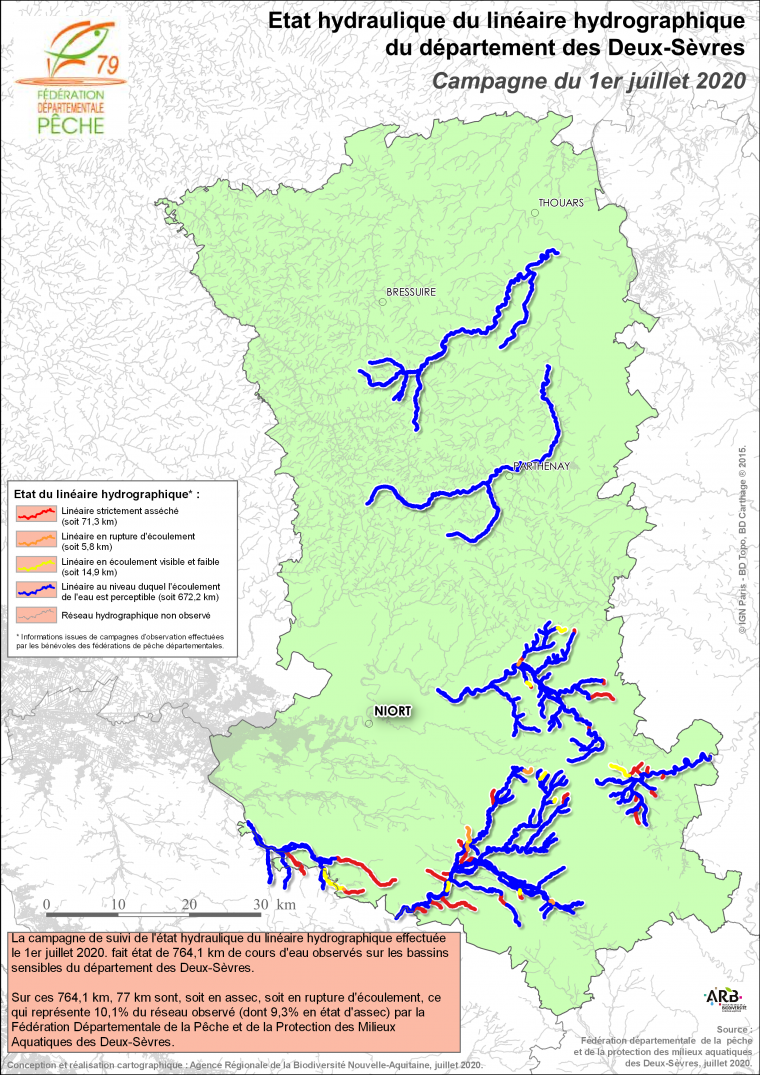 Etat hydraulique du linéaire hydrographique du département des Deux-Sèvres - Campagne du 1er juillet 2020