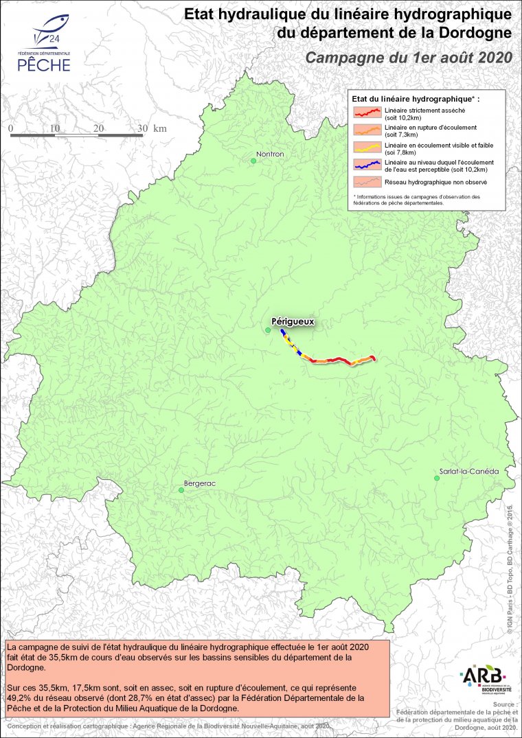 Etat hydraulique du linéaire hydrographique du département de la Dordogne - Campagne du 1er août 2020
