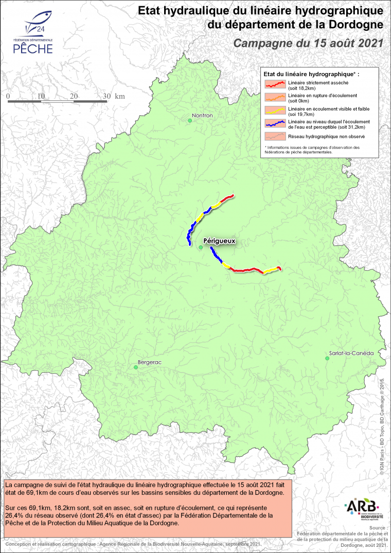 Etat hydraulique du linéaire hydrographique du département de la Dordogne - Campagne du 15 août 2021