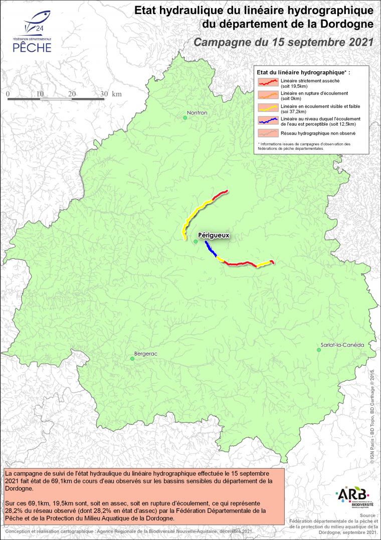 Etat hydraulique du linéaire hydrographique du département de la Dordogne - Campagne du 15 septembre 2021