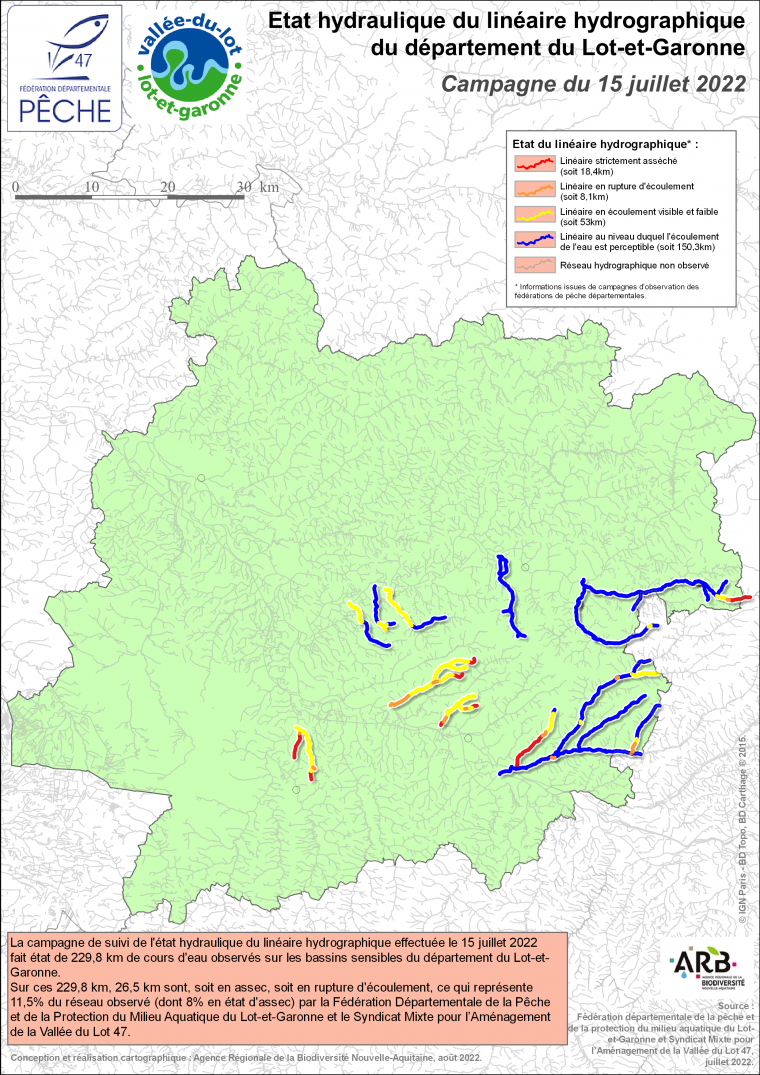Etat hydraulique du linéaire hydrographique du département du Lot-et-Garonne - Campagne du 15 juillet 2022