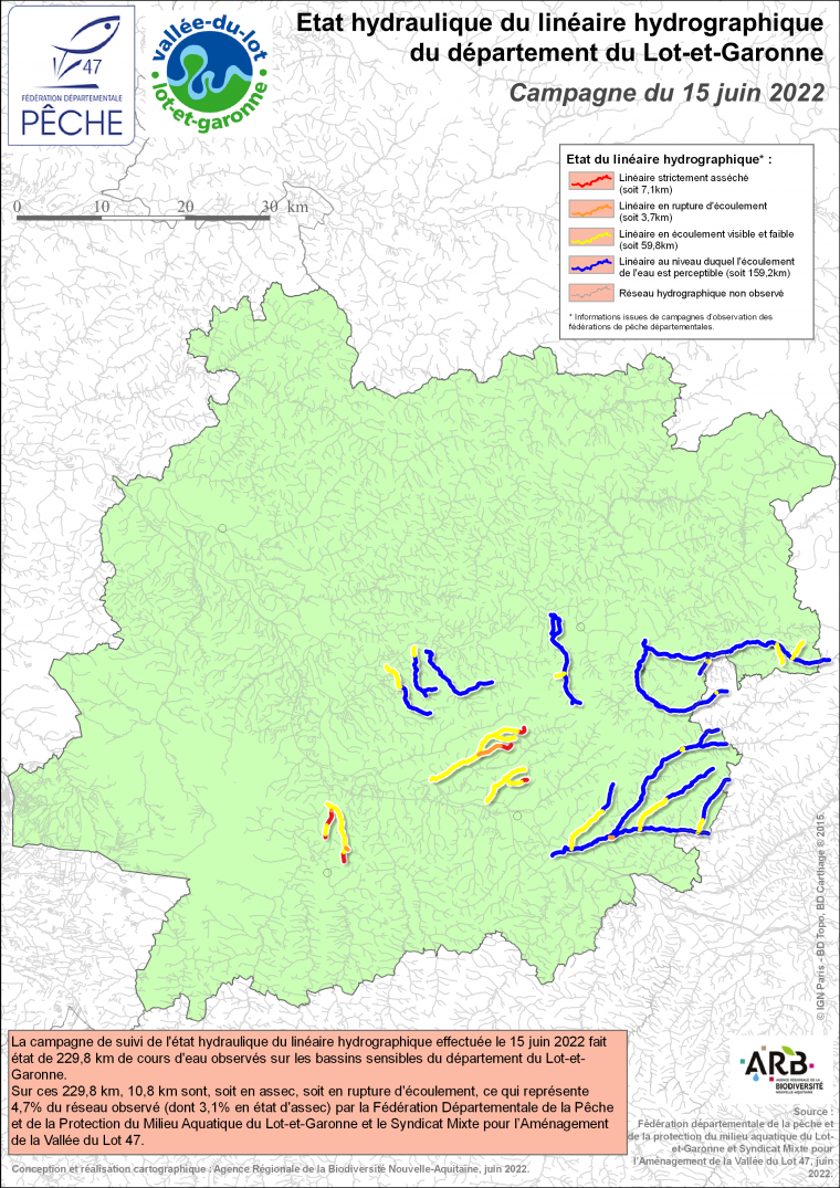 Etat hydraulique du linéaire hydrographique du département du Lot-et-Garonne - Campagne du 15 juin 2022