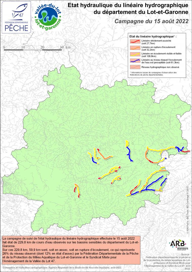 Etat hydraulique du linéaire hydrographique du département du Lot-et-Garonne - Campagne du 15 août 2022