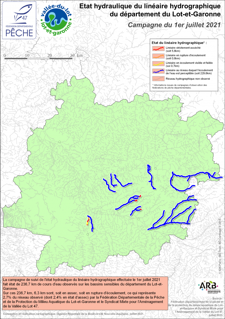Etat hydraulique du linéaire hydrographique du département du Lot-et-Garonne - Campagne du 1er juillet 2021