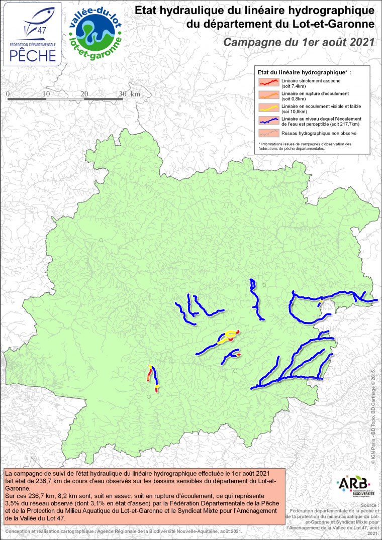 Etat hydraulique du linéaire hydrographique du département du Lot-et-Garonne - Campagne du 1er août 2021