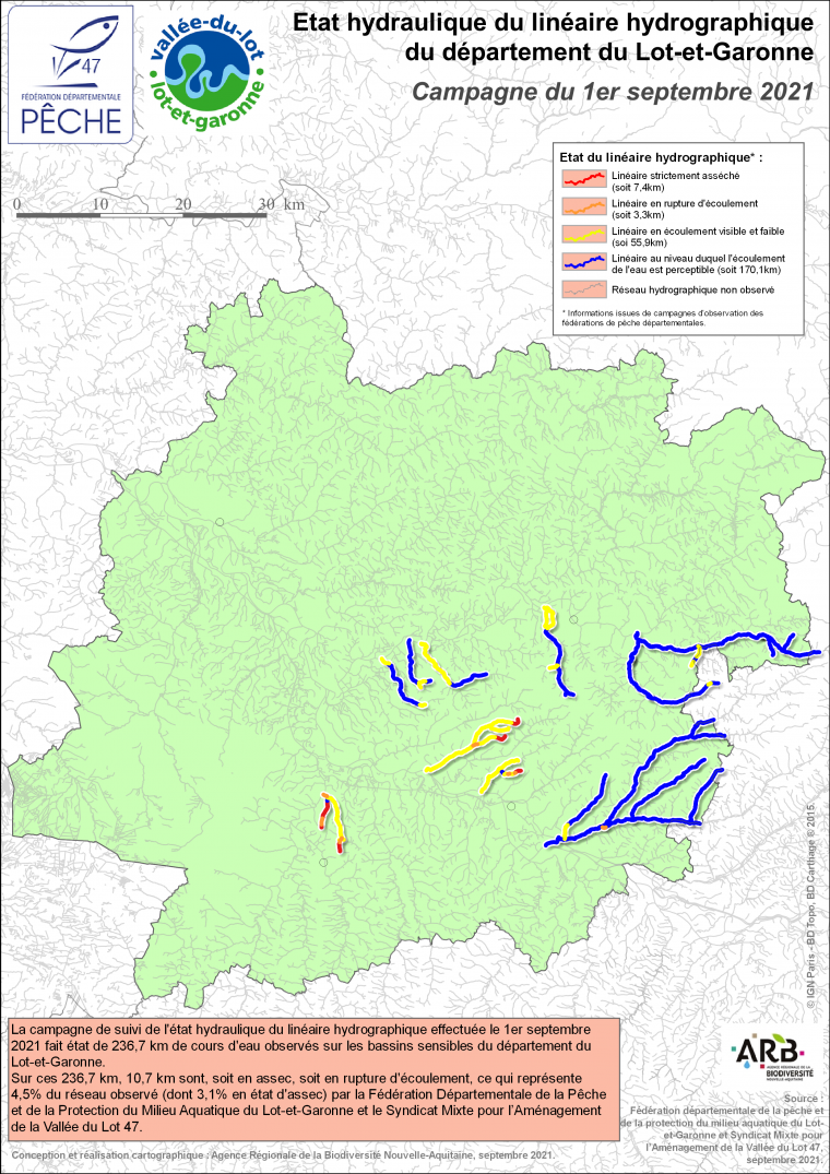 Etat hydraulique du linéaire hydrographique du département du Lot-et-Garonne - Campagne du 1er septembre 2021