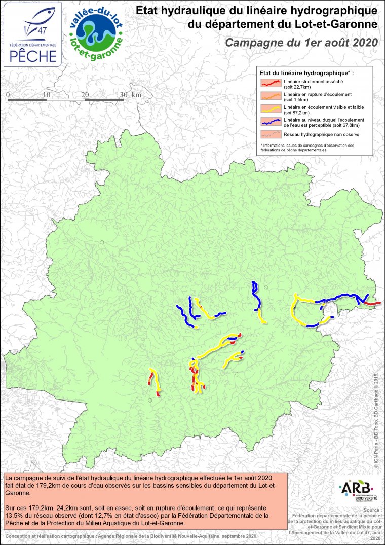 Etat hydraulique du linéaire hydrographique du département du Lot-et-Garonne - Campagne du 1er août 2020