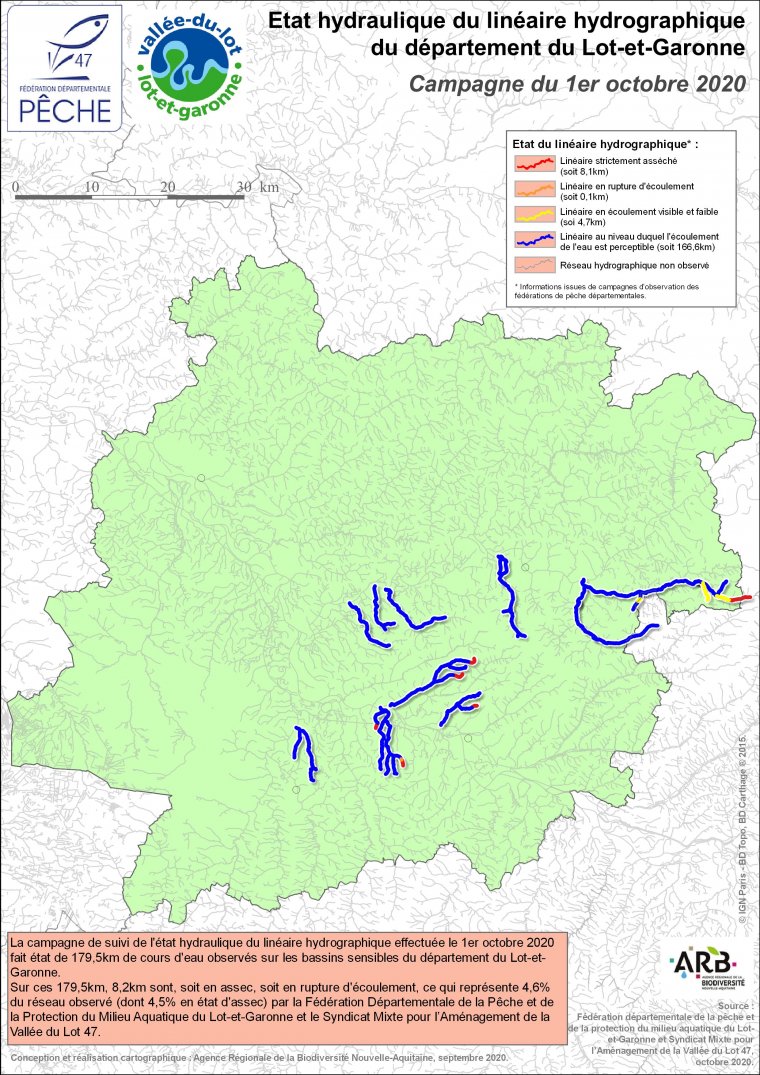 Etat hydraulique du linéaire hydrographique du département du Lot-et-Garonne - Campagne du 1er octobre 2020