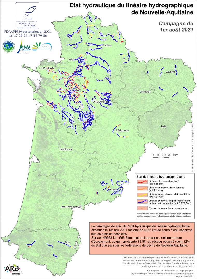 Etat hydraulique du linéaire hydrographique de la région Nouvelle-Aquitaine - Campagne du 1er août 2021
